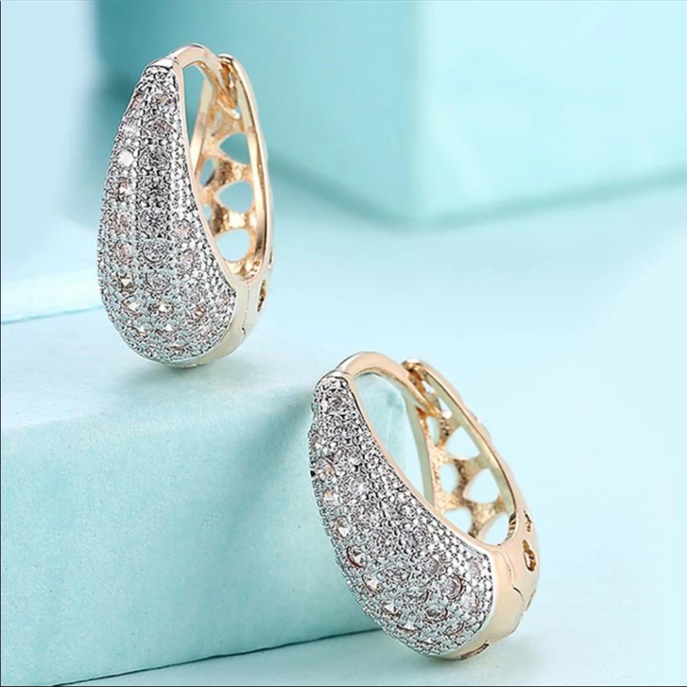 New Yellow Gold Plated Diamond Hoop Earrings - Picture 4 of 4